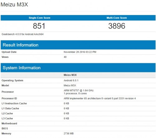 Meizu M3X засветился в базе данных бенчмарка Geekbench