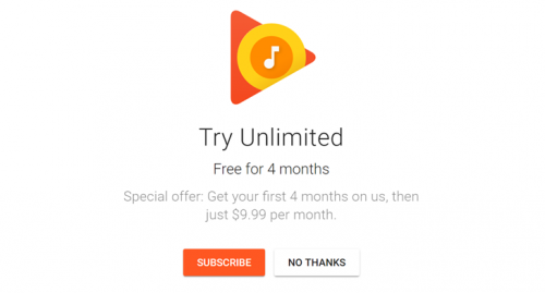Google Play Music предлагает бесплатную пробную версию на 4 месяца