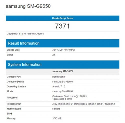 Galaxy S9 со Snapdragon 845 появился на Geekbench как Samsung SM-G9650