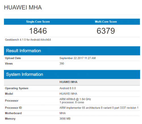 Huawei Mate 9 с Android 8.0 Oreo замечен на Geekbench