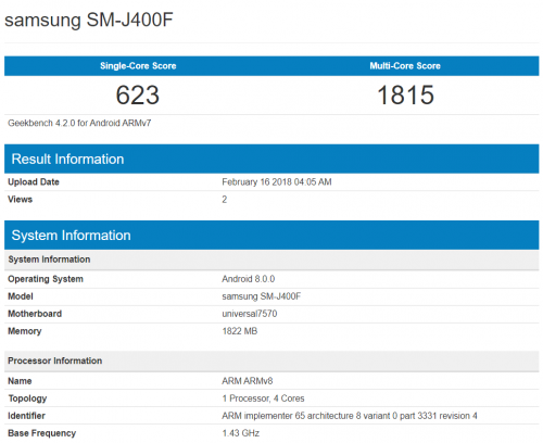 Тесты Samsung Galaxy J4 на Geekbench показывают ключевые характеристики