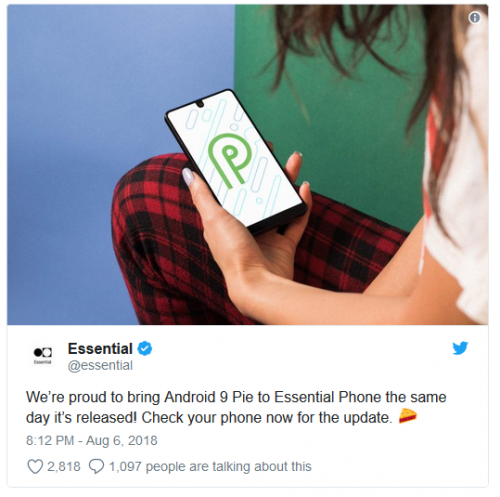 Android 9.0 Pie является официальной и уже доступна на Essential PH-1