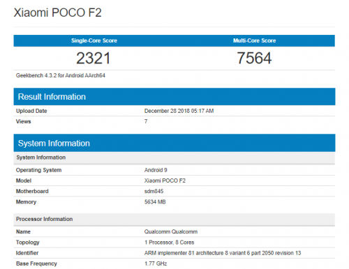 Листинг Geekbench показал процессор и оперативную память Xiaomi Poco F2
