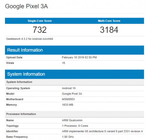 Google Pixel 3A с Android 10 и Snapdragon 625 засветился в Geekbench