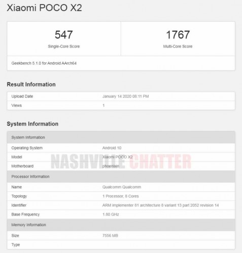 Poco X2: листинг Geekbench показывает 8 ГБ ОЗУ и ОС Android 10